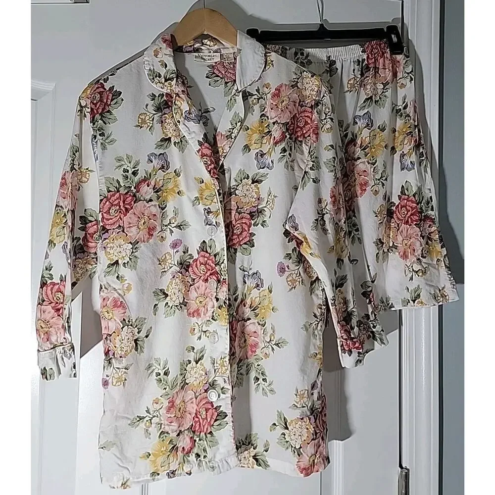 VICTORIA'S SECRET Gold Label Vtg Floral Pajama Set W/Long Shorts Modest Sz S HTF